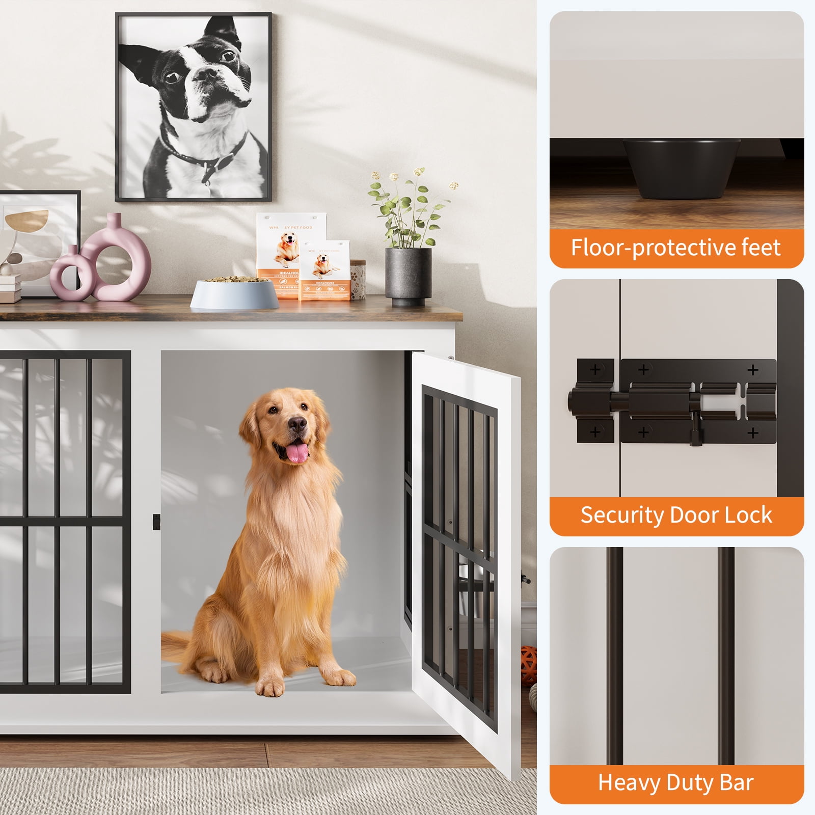 GARVEE 40" Wooden Dog Crate Furniture with Double Bowls, Indoor Pet Kennel & End Table for Medium to Large Dogs, White/Vintage