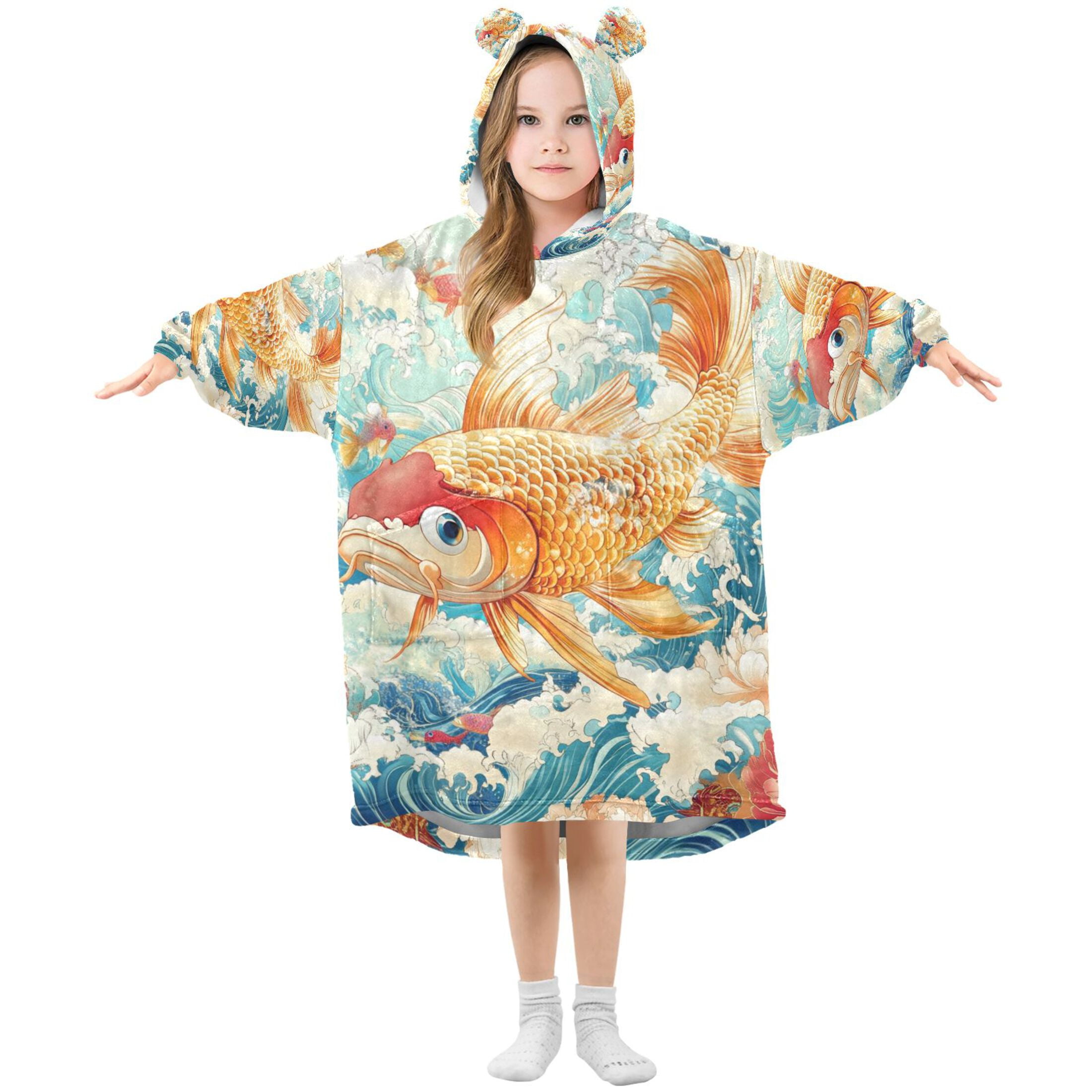 YAZAOO Kids Wearable Blanket Hoodie Warm and Cozy Koi in Bloom Flannel Sweatshirt