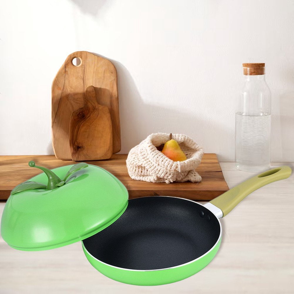 Jiibva 1Pc Green Apple Shape Non Stick Skillet Frying Pan with Lid for Home Induction Cooker