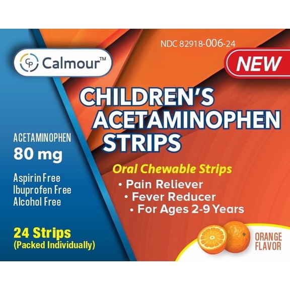 Calmour Acetaminophen for Pain and Fever, Oral Chewable Strip, Orange Flavor, 80mg, Box of 24 Strips