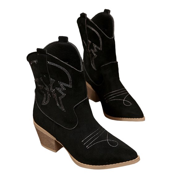 EKVAHL Women's Mid Calf Western Cowboy Boots, Faux Suede Low Block Heel Booties, Embroidery Country Concert Outdoor Daily Walking Boots Black