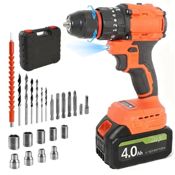 SUSUZI 48V Cordless Drill Set - 60Nm Max Torque, 34Pc Accessories, 2-Speed (0-1300 RPM), 3/8" Keyless Chuck, LED Light & Fast Charger - Power Drill for Wood/Metal/Brick DIY Projects