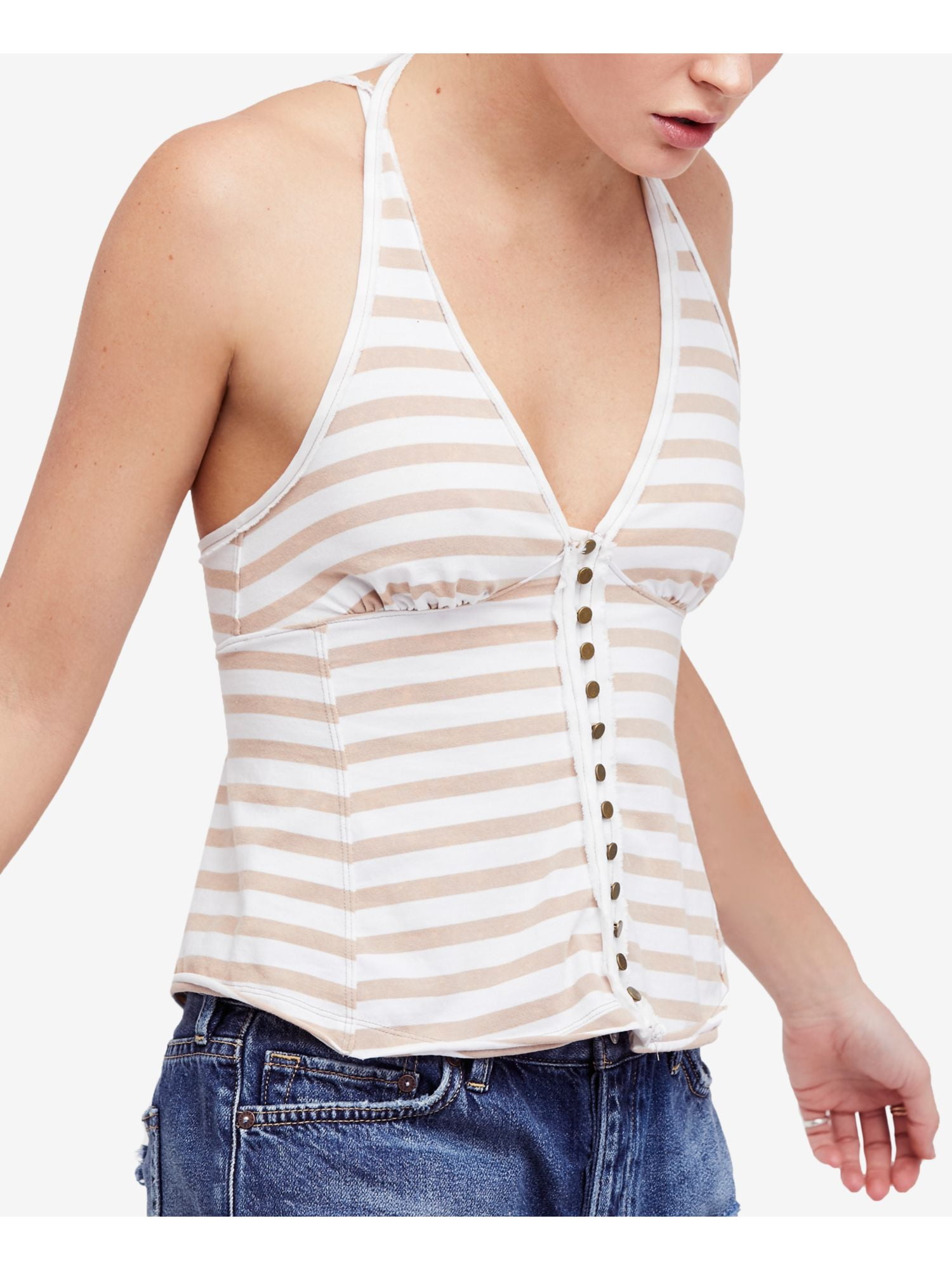 Free People FREE PEOPLE Womens Beige Tank Striped Sleeveless V Neck