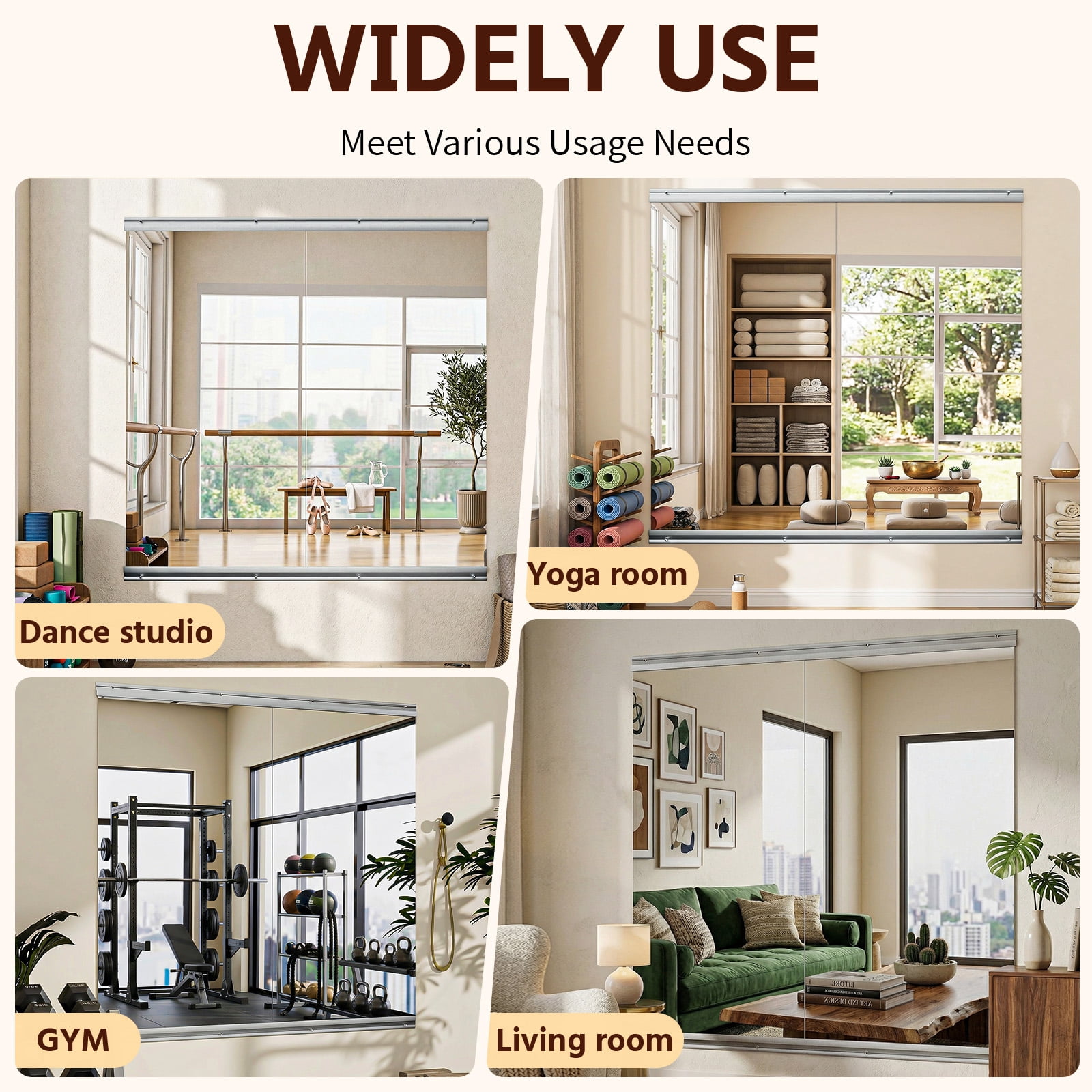 SHATTERVIEW 23"x67" 2pcs Home Gym Yoga Mirror Wall-mounted Full-length Frameless Mirror