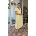 thumbnail image 6 of Women'S Elegant V Neck Solid Puff Sleeve Button Lady Beach Party Dress Yellow M, 6 of 8
