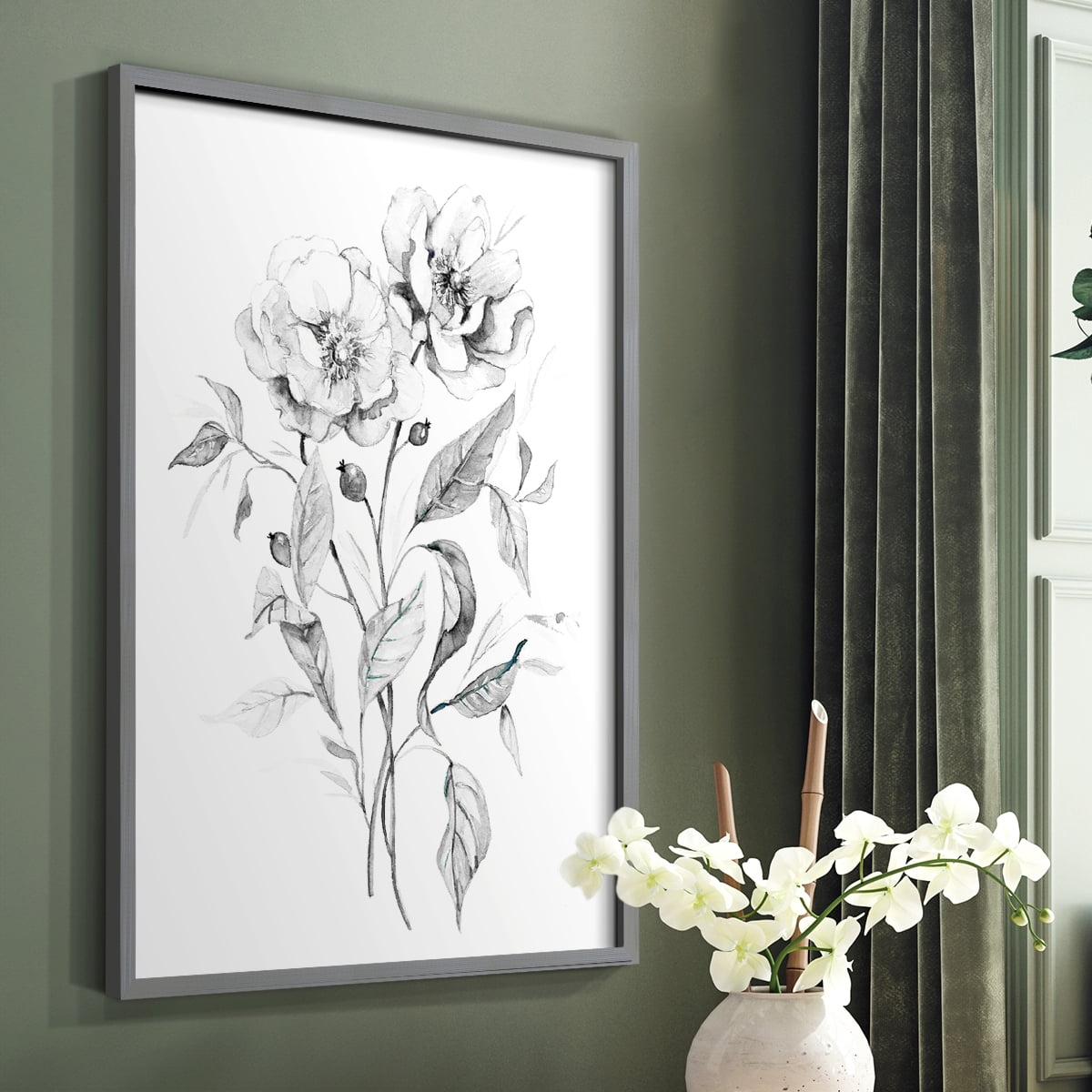 Wild Roses Sketch Framed Print in Gray Solid Wood 8 x 10 Framed Print