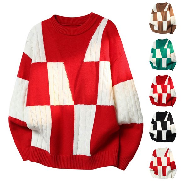 FRSASU Patchwork Sweater Mens Colorblock Jumper Cable Knitted Pullover Oversized 4XL Red
