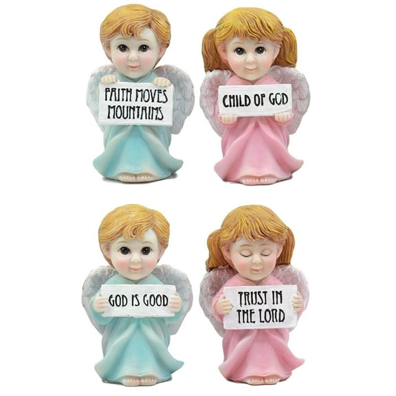 Ebros "Children Of The Lord" Inspirational Guardian Angel Boys And Girls Statue Set 3.75"Tall Angels Holding Scriptural Faith Confessions Figurine Set of 4
