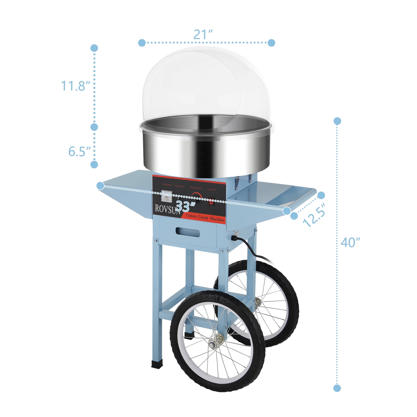 ROVSUN Cotton Candy Machine with Cart Stainless Steel, 21 Inch Electric Cotton Candy Maker Candy Floss Maker w/Cover Sugar Scoop and Large Storage Drawer for Commercial Home Party Carnival, Blue