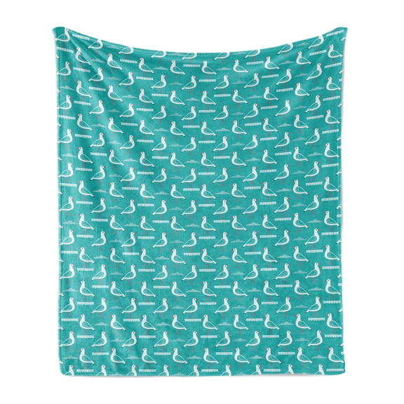 Bird Soft Flannel Fleece Throw Blanket, Rhythmic Cartoon Style Symmetrically Arranged Clouds Seagulls Pattern, Cozy Plush for Indoor and Outdoor Use, 70" x 90", Dark Seafoam Pale Ruby, by Ambesonne