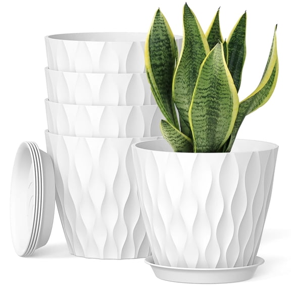 UOUZ 8-inch Plastic Plant Pots with Drainage Holes and Saucers, Indoor Outdoor Planters, 5-Pack,White