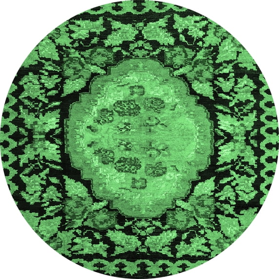 Ahgly Company Machine Washable Indoor Round Medallion Emerald Green French Area Rugs, 8' Round