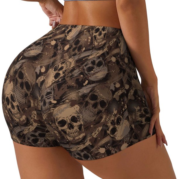 Fotbe Brown Camouflage Skull Shorts Sin Costuras – Shorts Deportivos de Cintura Alta para Mujer, Elásticos para Gimnasio, Yoga, Running o Ciclismo-Small