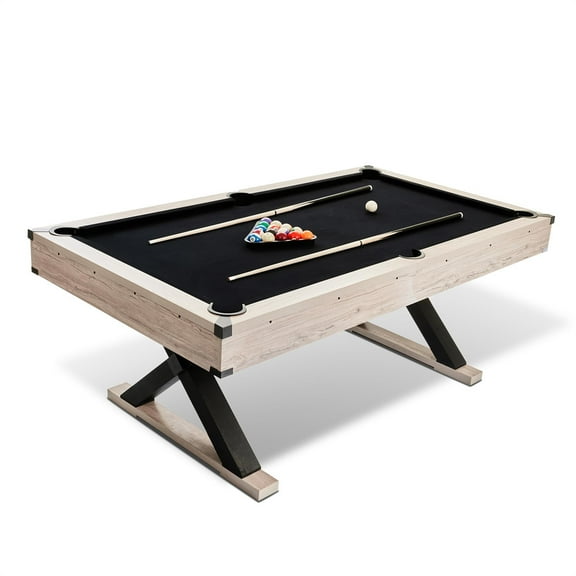 7 FT Pool Table, Billiard Table with 2 Cue Sticks, Billiard Balls, Cues, Cleaning Brush, X-Legs, Black Cloth, Rustic, 84" L x 46.5" W x 32.7" H