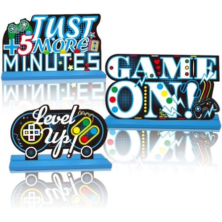 3 Styles Game Theme Wood Table Sign Game Party Centerpieces Blue Table Toppers Game On Level Up 3D Video Game Table Decorations Supplies Kit