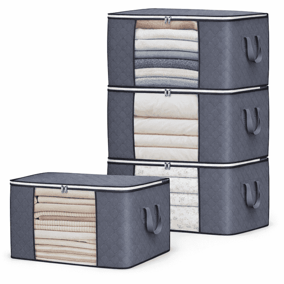 Brotasdro Large Foldable Fabric 90L Under Bed Storage Organizer Bags with Handles, Gray, 4 Pack