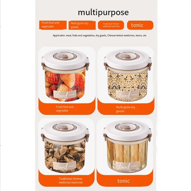 Vacuum Containers for Food Storage with Manual Pump, Portable Pantry Universal Vacuum Sealer 630ML. Set of four transparent airtight food storage containers with lids, displaying strawberries, grains, dried herbs, and tonic ingredients. Made of durable food-grade AS material, resistant to high and low temperatures, suitable for refrigeration and microwave heating. Includes a manual vacuum sealer pump and a time record feature for tracking preservation dates, ideal for organizing pantry items.
