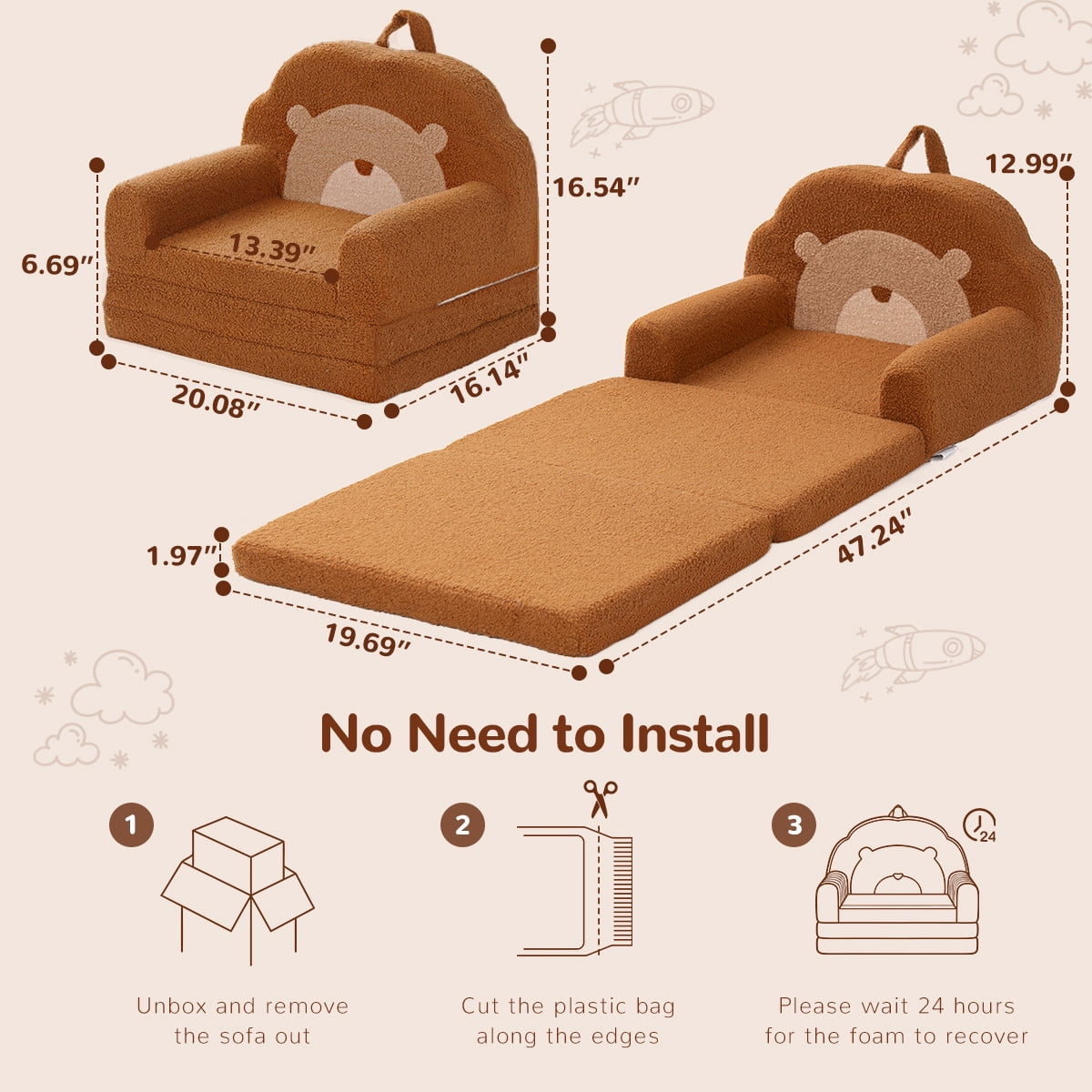 Toddler Sofa, 2 in 1 Kids Couch, Foldable Baby Couch Chair for Boys and Girls Gift, Bear