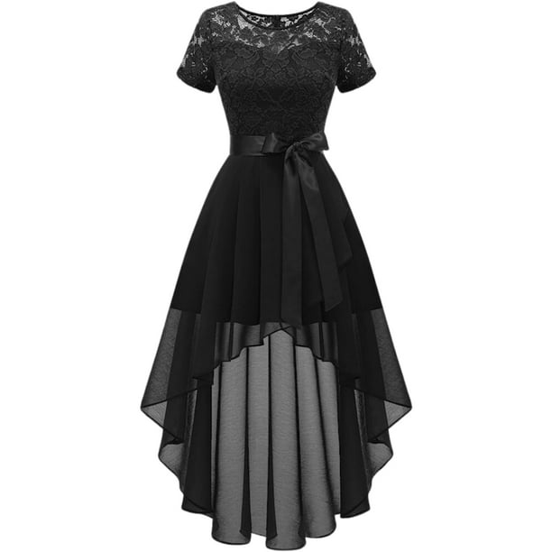 Vestido falda asimetrica de encaje de manga corta