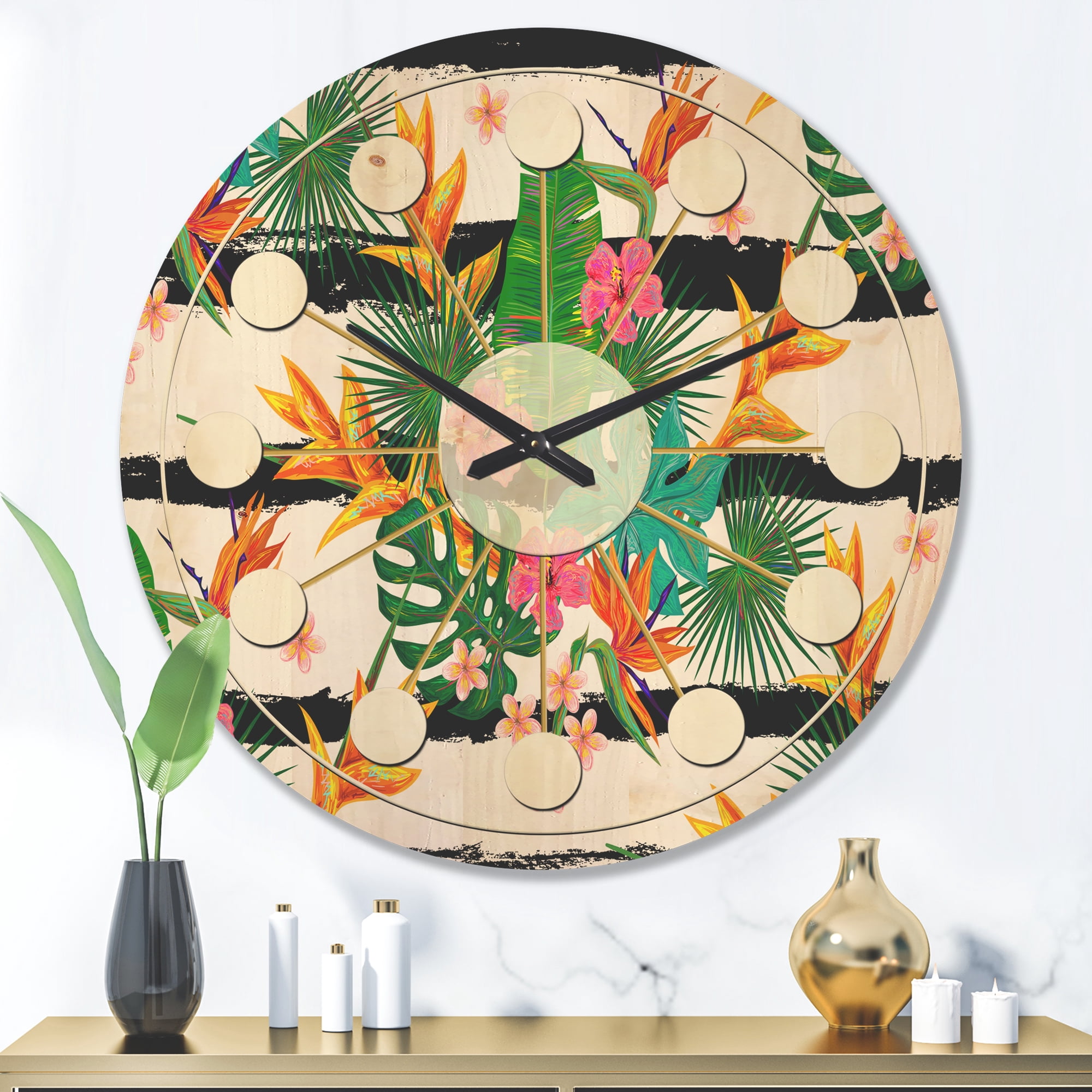 Designart 'Tropical Leaves Retro Pattern II' Mid-Century Modern Wood Wall Clock