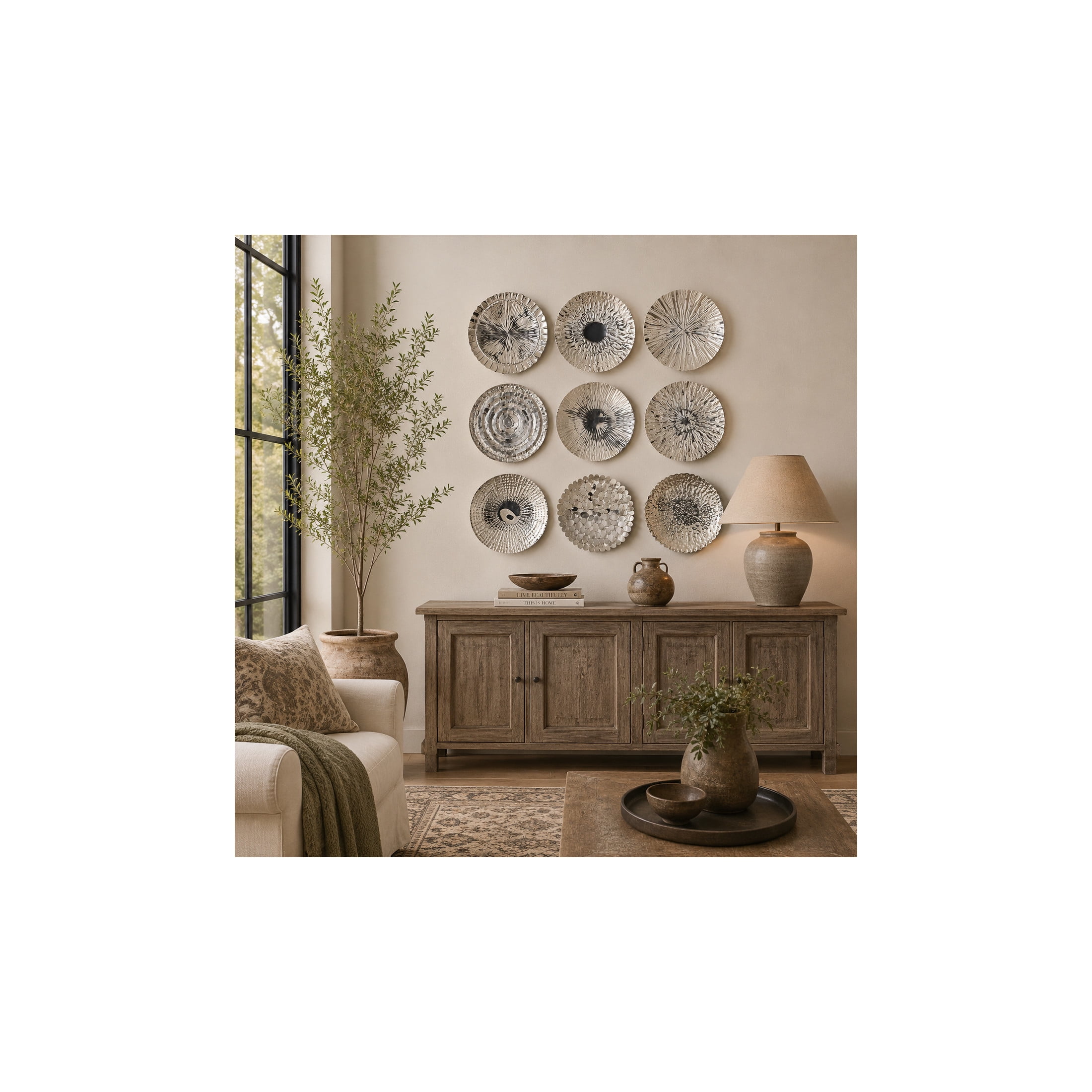 DecMode Silver Stainless Steel Metal Plate Wall Decor with Hammered Design (9 Count)