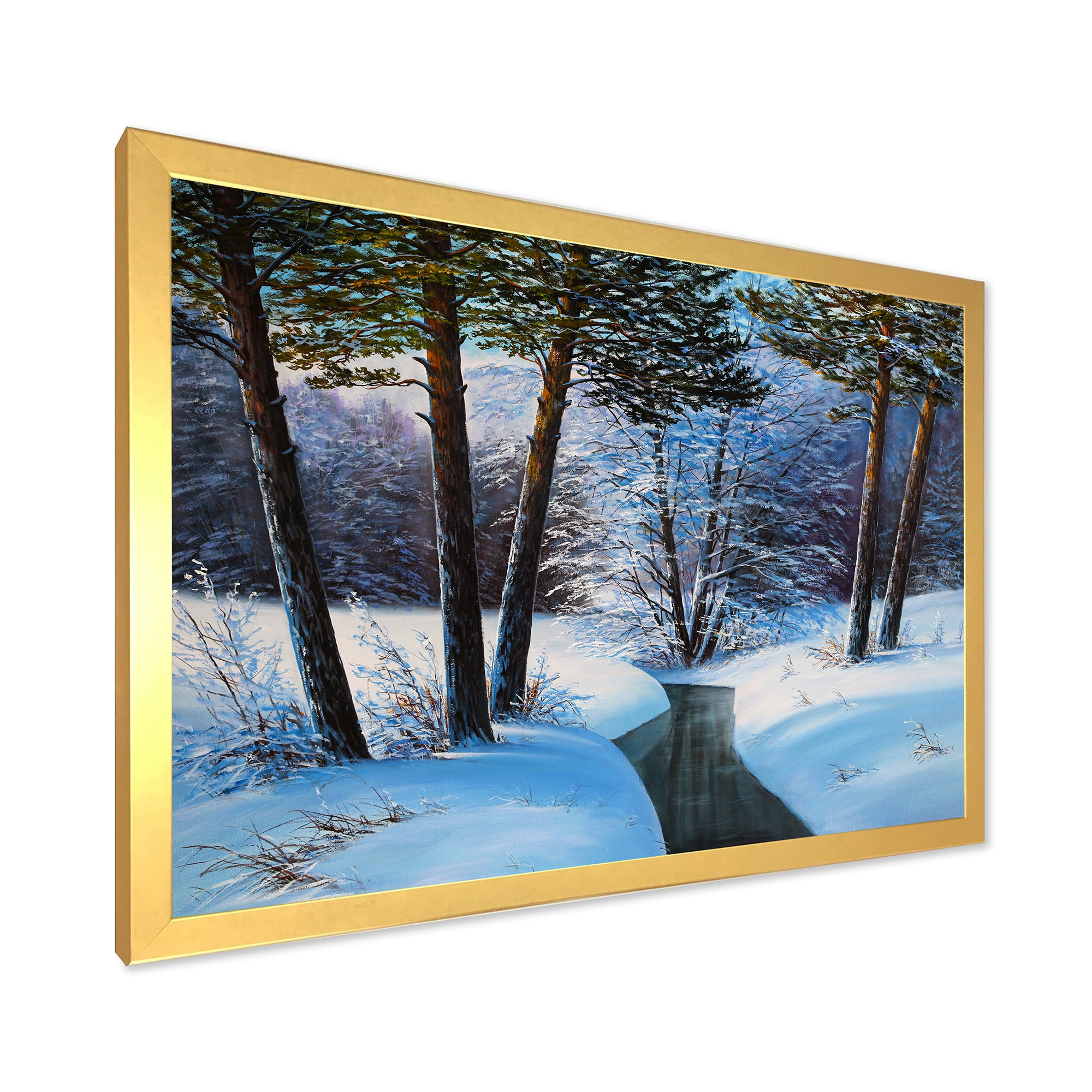 Designart 'Christmas Forest With Trees and River III' Traditional Framed Art Print