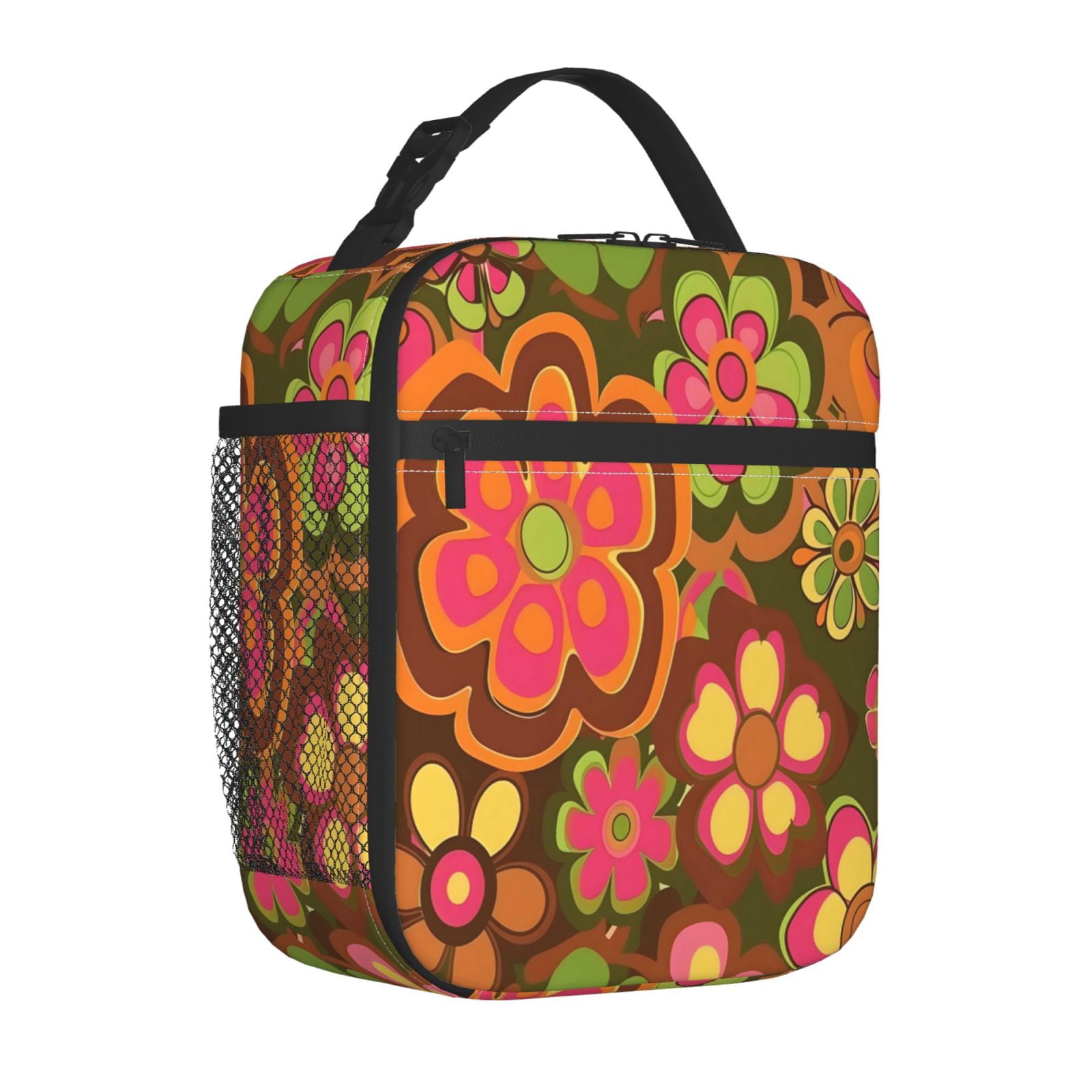 Lunch Bag For Women Men Insulated Portable Lunch Box Bento Box Office Picnic Travel Cooler Bag Retro Groovy Flowers Pattern (4)