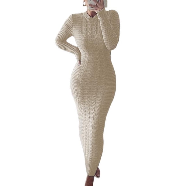 VISgogo Vestido de Punto de Manga Larga para Mujer, Patrón de Ganchillo Color sólido Acanalado Cuello Redondo Casual Fiesta de Club Largo de una Pieza VISgogo moda
