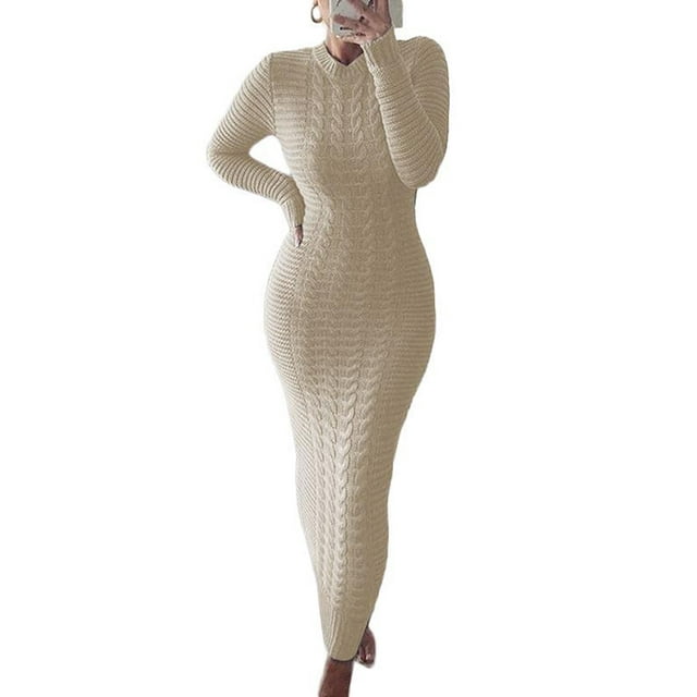 VISgogo Vestido de Punto de Manga Larga para Mujer, Patrón de Ganchillo Color sólido Acanalado Cuello Redondo Casual Fiesta de Club Largo de una Pieza VISgogo moda