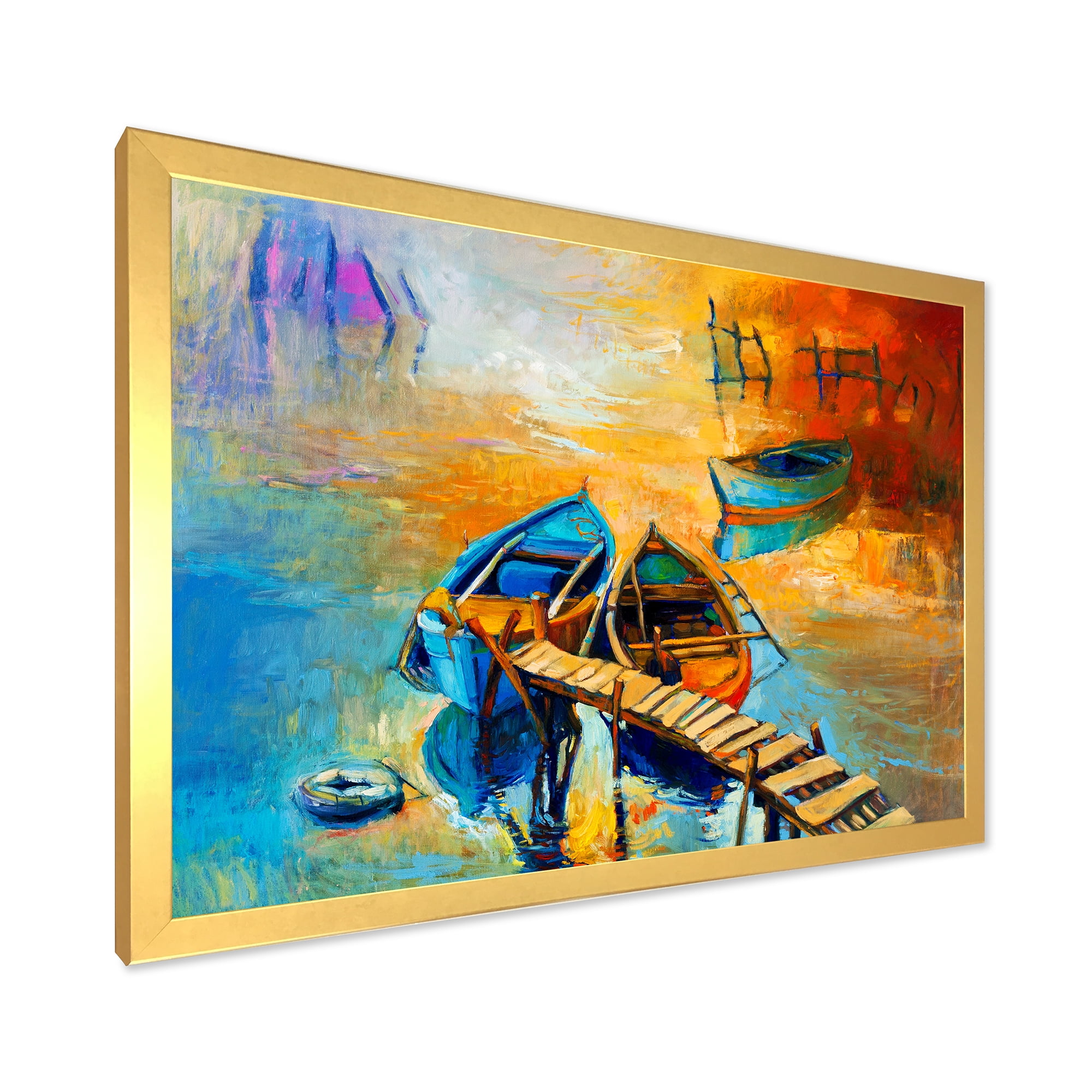 Boat At The Lake During Evening Glow V 32 in x 24 in Framed Painting Canvas Art Print, by Designart