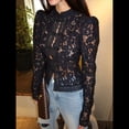 thumbnail image 4 of Camisa de Larga con Botones y Cuello Alto de Encaje de Crochet para Mujer, Estilo Informal, Ajustada, con Botones. Negro S, 4 of 10