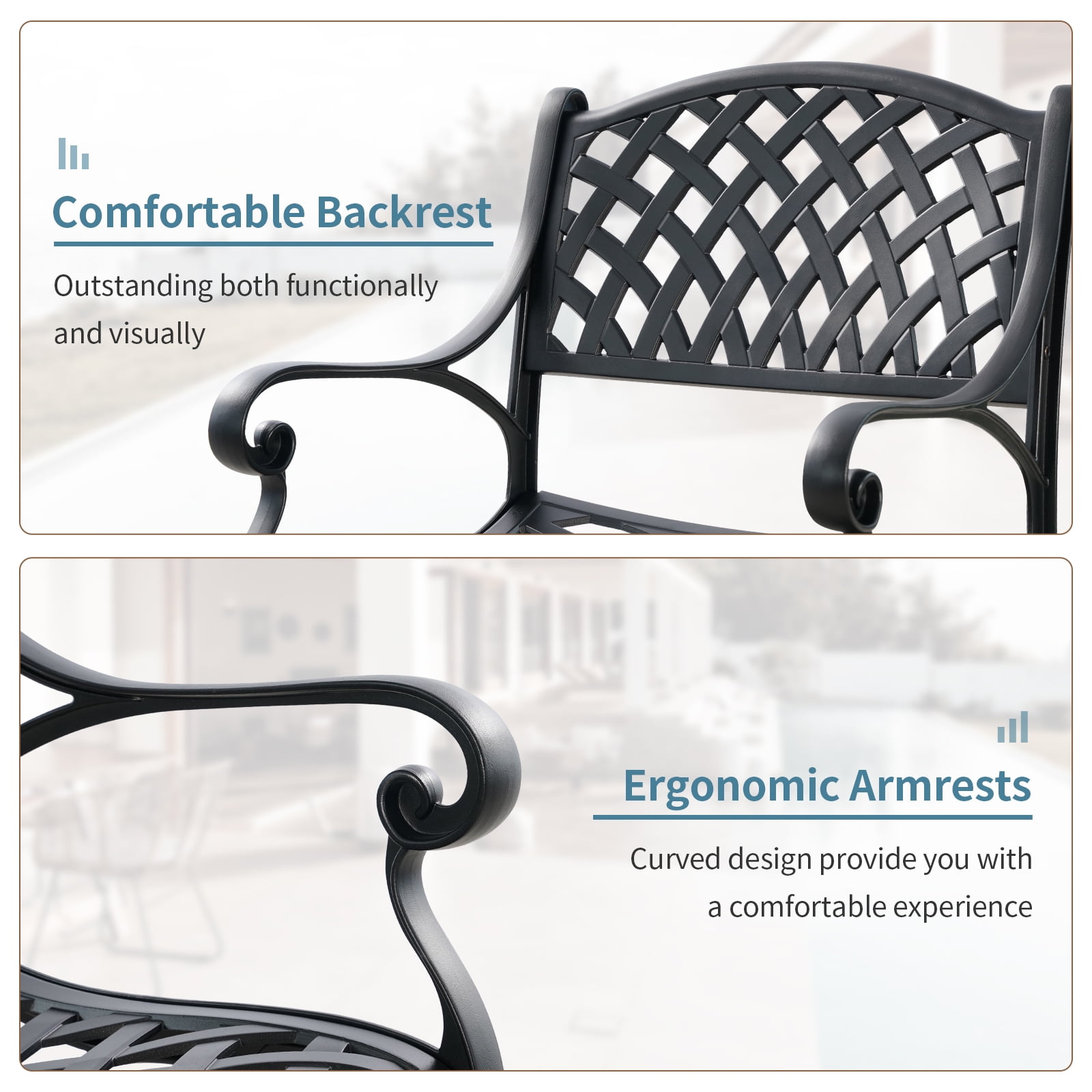 PATIO-IN Outdoor Patio Dining Chairs Set 4 Cast Aluminum Patio Bistro Chair with Armrest for Patio Furniture Set,Black
