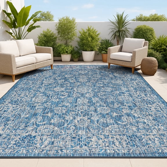 JONATHAN Y SANTA MONICA 8 x 10 Area Rug, Tela Bohemian Textured Weave Floral - Navy/Gray, SMB100B-8