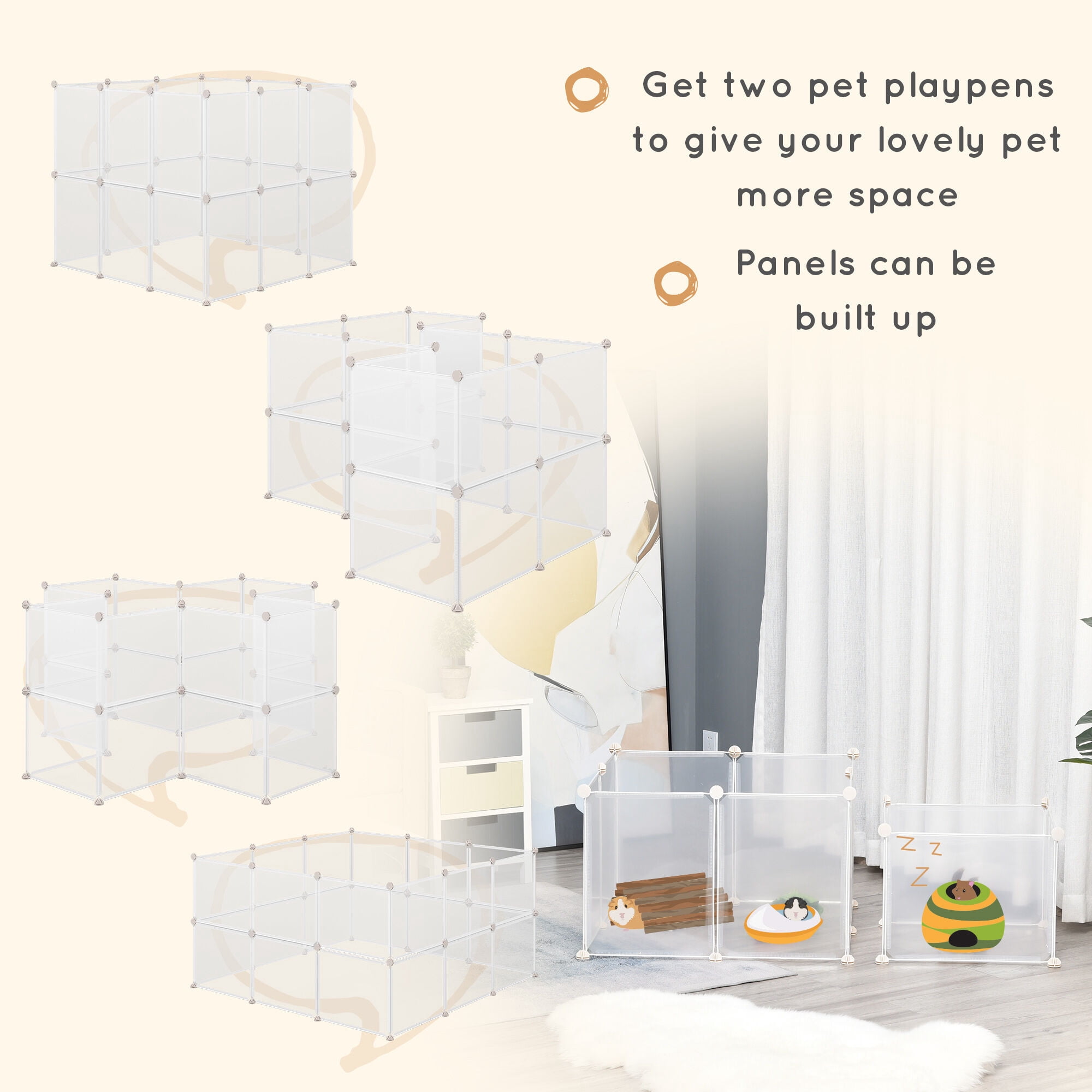 Pet Pens & Hutches PawHut Pet Playpen DIY Small Animal Cage Open Enclosure Portable Plastic Fence 12 Panels for Bunny Chinchilla Guinea Pig White, 18" x 14",Dog Pens