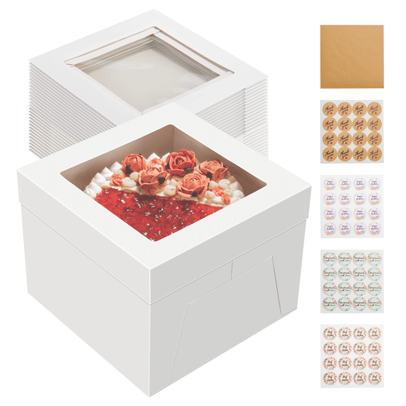 Kootek 15 Pcs Cake Boxes with Window, 10x10x8 Inches White Bakery Boxes Square Cake Container for Cake, Pastries, Pie, Dessert
