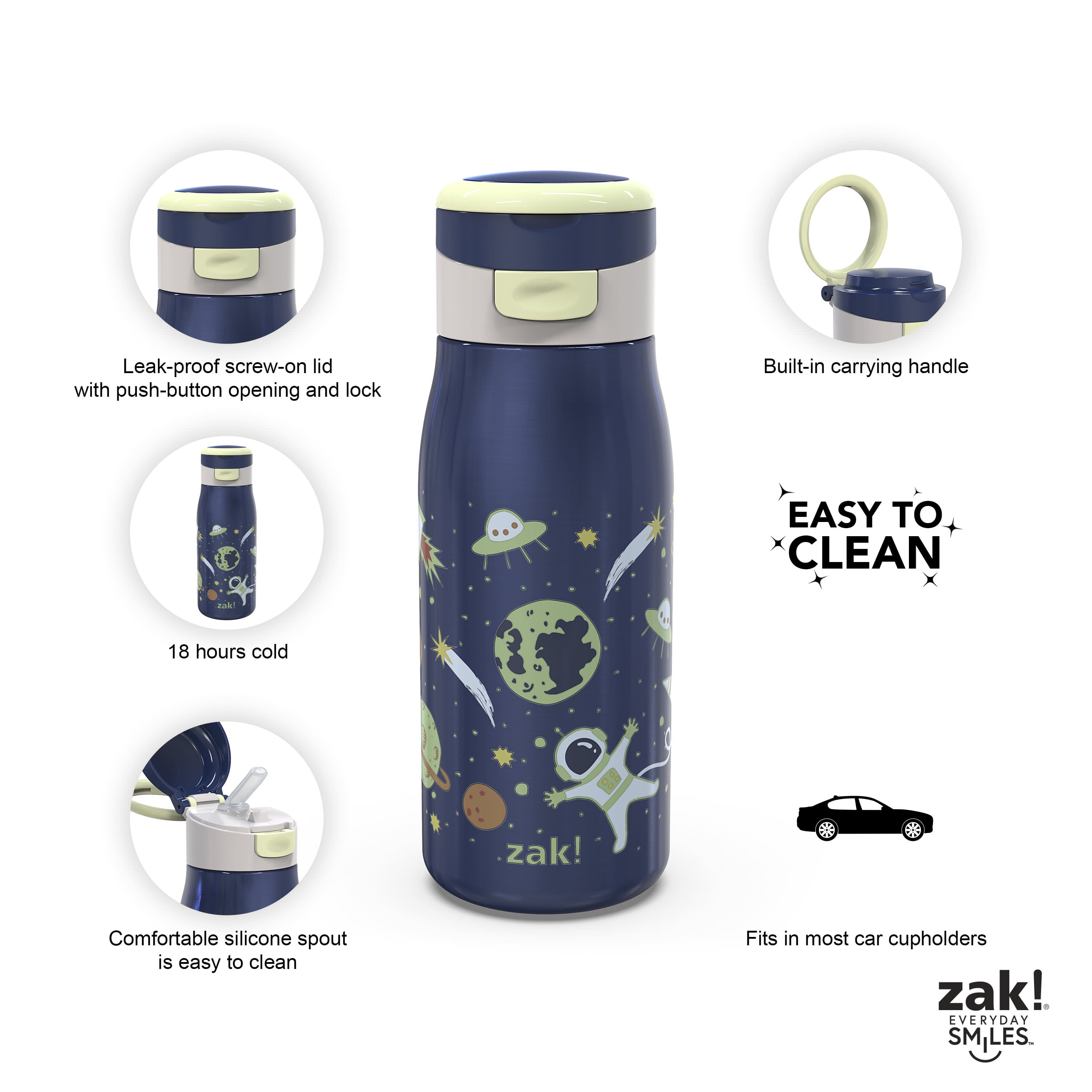 Zak! Designs Dinomite Antimicrobial Stainless Steel Double Walled Leakproof  Water Bottle + Straw, 1 ct - King Soopers