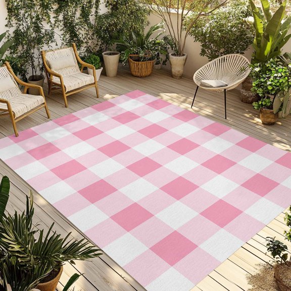 Fsddascl Pink Checkered Outdoor Rug for Patio/Deck/Porch, Non-Slip Large Area Rug 5 x 8 Ft, Pink White Buffalo Plaid Indoor Outdoor Rugs Washable Area Rugs, Reversible Camping Rug Carpet Runner