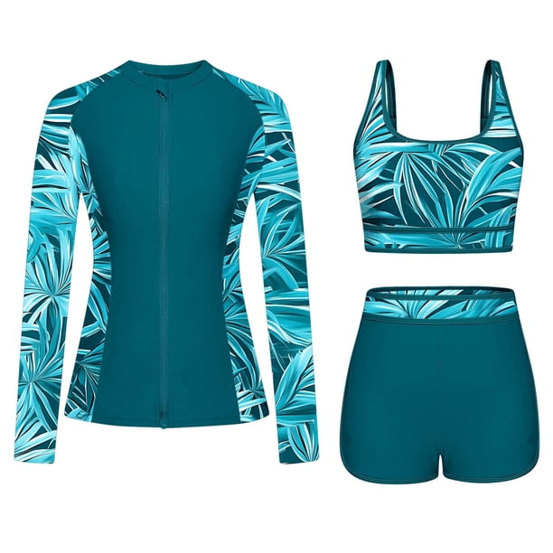 Penkiiy Mujer 3 piezas Print Rash Guard, manga larga UPF 50 + Zip Athletic Surfing Swimsuit con bolsillo Bulit-in Bra