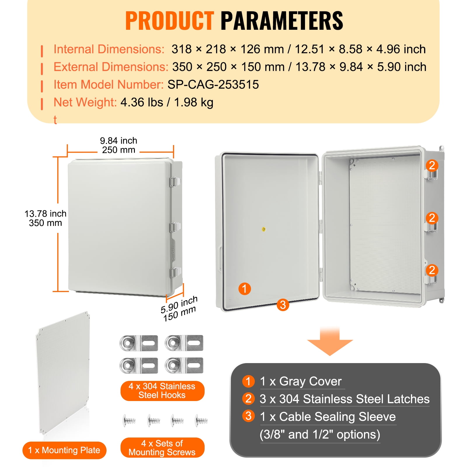 KFFKFF Exterior Power Connection Box, Dimensions 13.78 x 9.84 x 5.90 inches, Constructed from ABS Plastic, Equipped with a Swing Cover and Stainless Steel Fastener