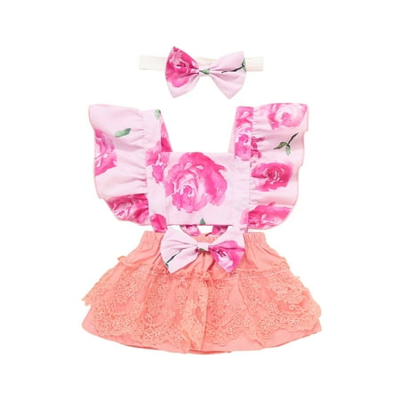 

Toddler Kids Baby Girls Summer Flying Sleeve Romper Dress Floral Print Lace Skirt with Small Shorts Inside Bowknot Romper Hair Band Suit