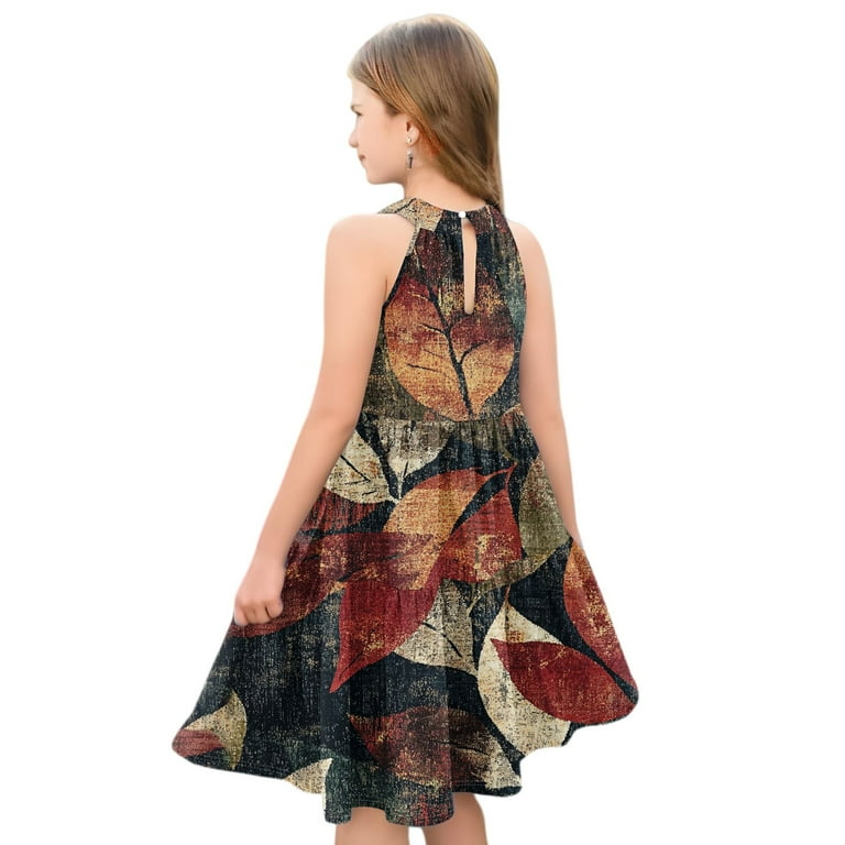 Abcomgle Girls Summer Dress Size 7-8 Casual Halter Neck Sleeveless Girls Dresses  Camo Maple A-line Sundresses Beach Swing Dresses 5-6 Years,Wine -  Walmart.com