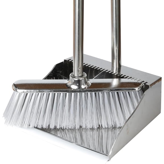 Metal Dustpan with Soft Bristles Broom Heavy Duty Stainless Steel Upright Standing Dust Pan and Broom for Sweeping Indoor Outdoor Home Kitchen Office Lobby Hardwood Floor Cleaning