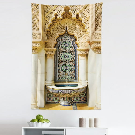 Moroccan Tapestry, Vintage Building Design Art Historic Exterior Facade with Mosaic Print, Fabric Wall Hanging Decor for Bedroom Living Room Dorm, 5 Sizes, Ivory Pale Brown Blue, by Ambesonne