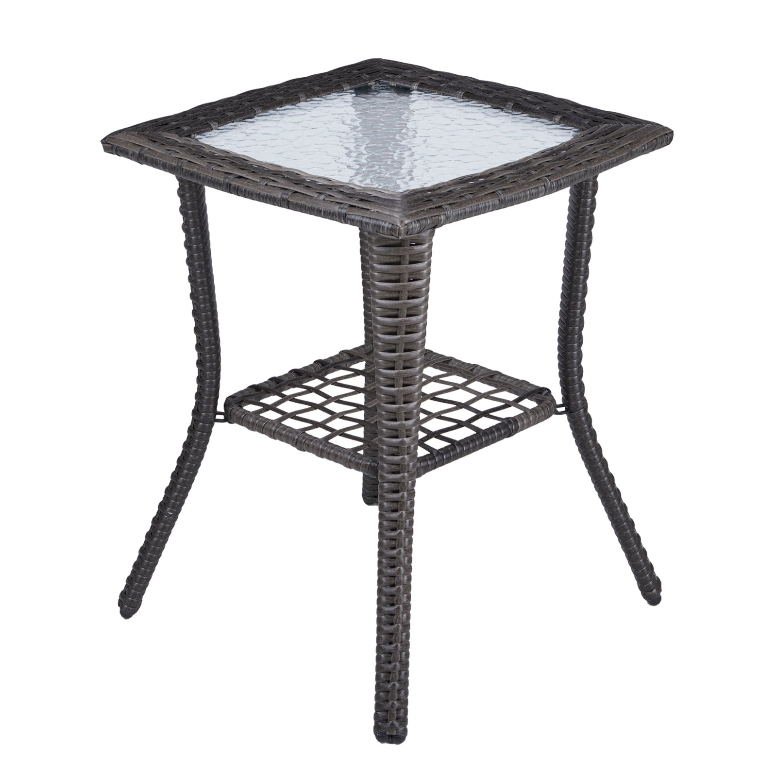 Wicker Side Table with Glass Table Top, Square PE Rattan Outdoor End Table for Patio, Garden, Poolside, Deck w/UV-Resistant Frame, Storage Space, Gray