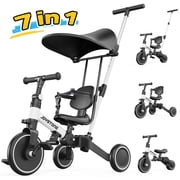 JoyStone 7 in 1 Foldable Tricycle for Toddlers with Adjustable Canopy, Detachable Backrest, Adjustable Seat and Handle and Parental Control Handle, Balance Bike for 1-4 Year Old Boys and Girls, White