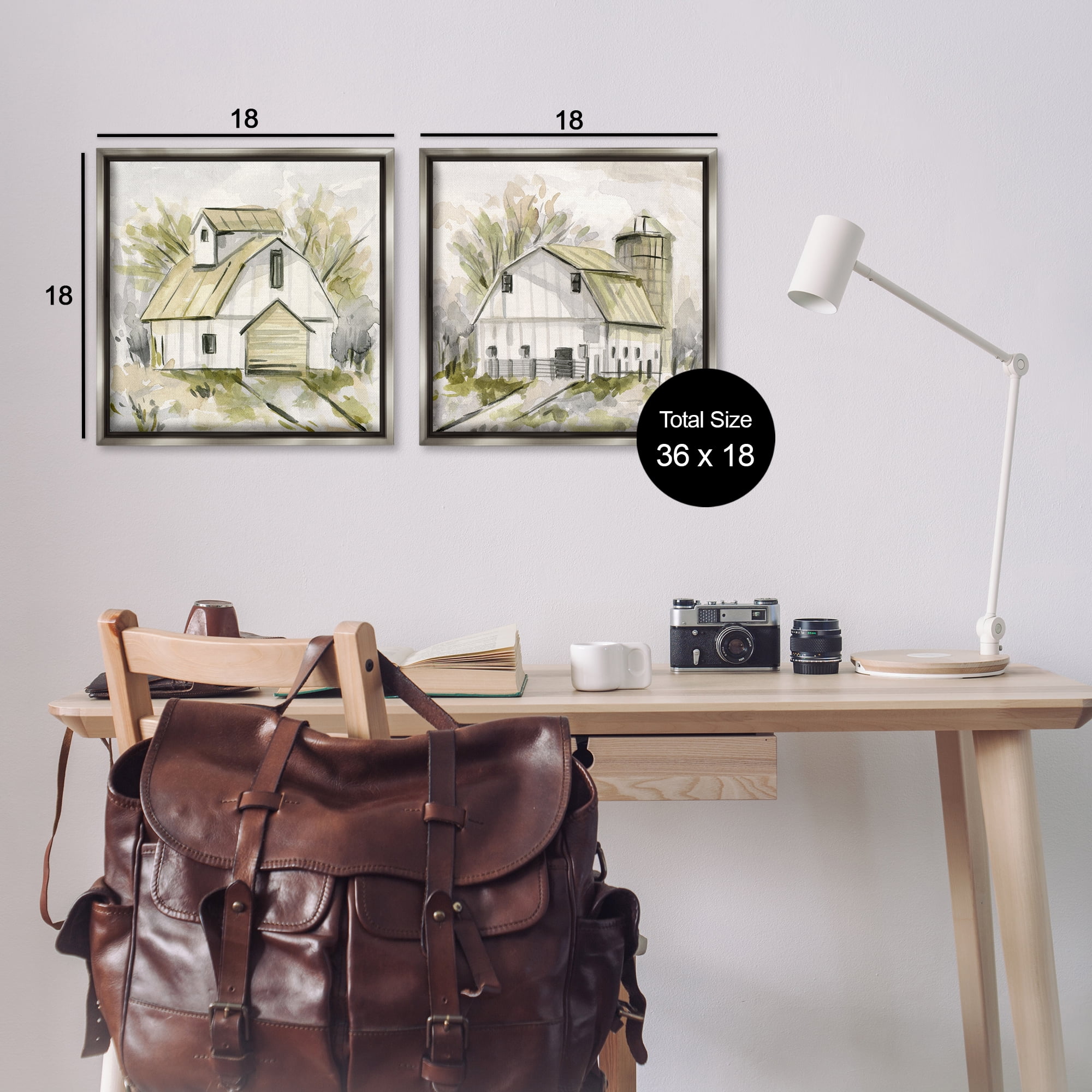 Stupell Industries Sketch Drawing Barn Silo Landscape & Nature Painting Gray Floater Framed Canvas Art Print Wall Art, 18 x 18, Set of 2