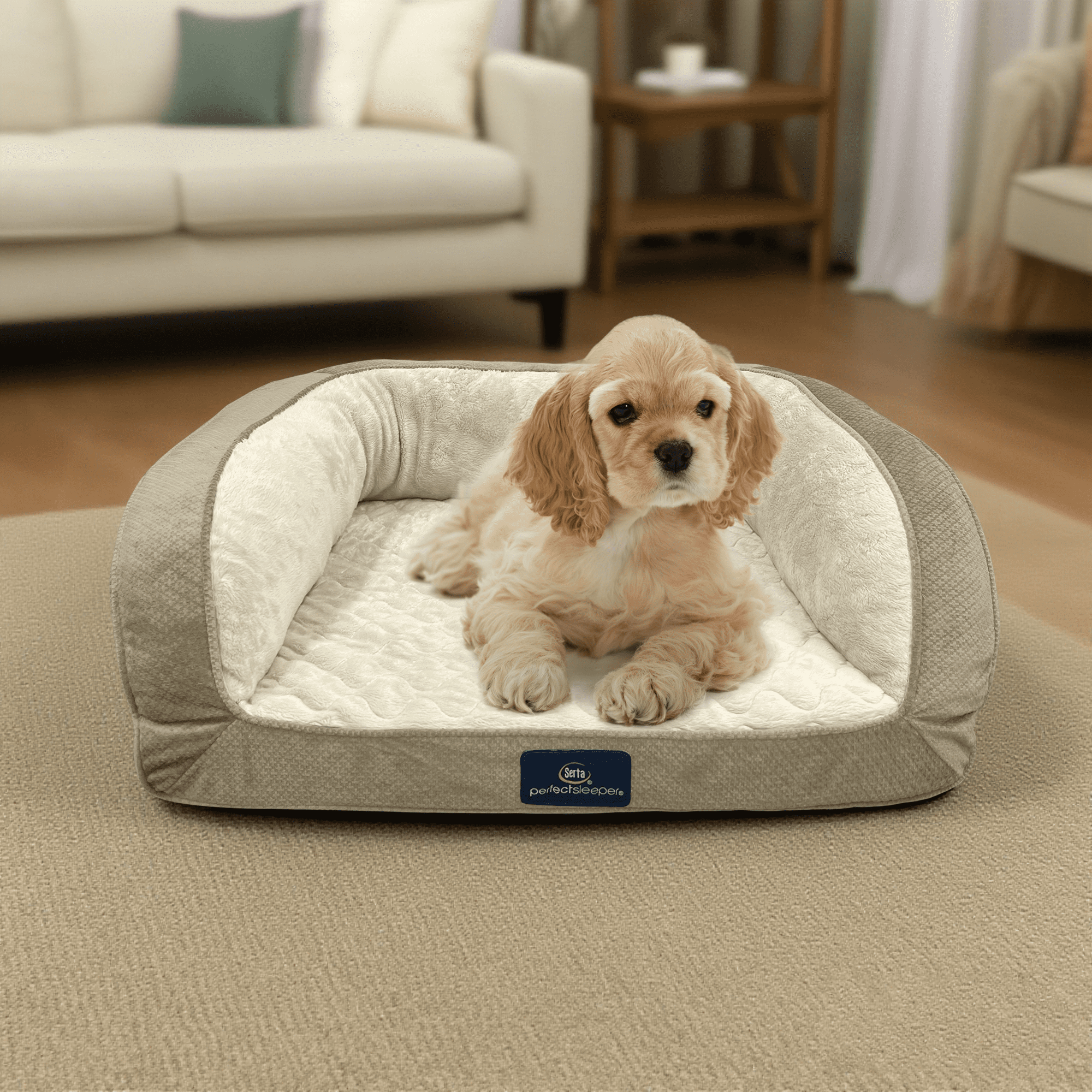 Serta Quilted Orthopedic Bolster Couch Cat & Dog Bed, Tan, Small