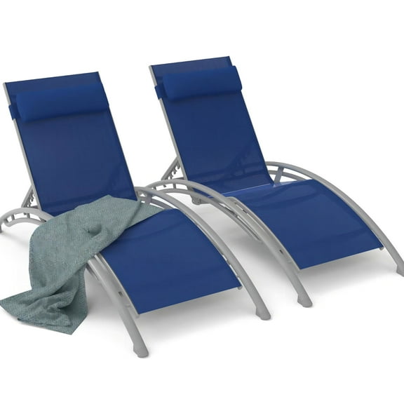 Rust Aluminum Frame Outdoor Chaise Lounge - 2 Chairs In Blue With Removable Pillow For Patio Spaces Blue, Adjustable And Beach