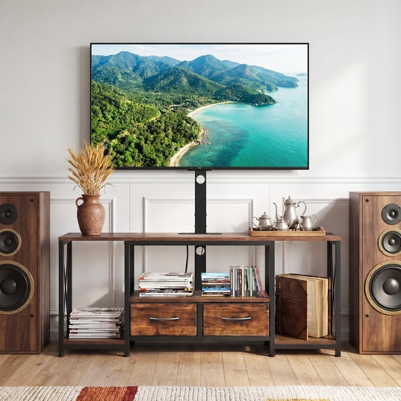 KFFKFF TV Stand with Mount & LED for TVs up to 75", 2-Tier Wooden Entertainment Centre with Power Outlet, 2 Drawers, 40° Swivel, Brown