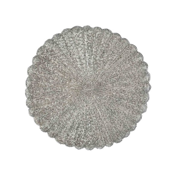 Scalloped Embroidered PlacematColor: SilverSet of 2Size: 13.5" Round